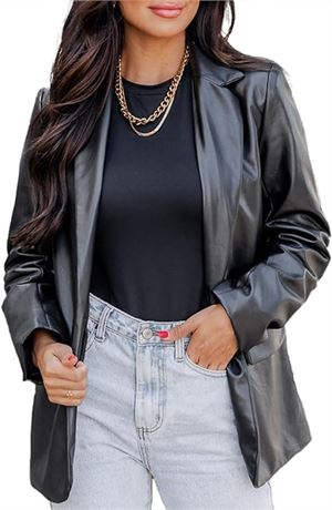 SIZE: L CYCLAMEN 2023 Fall Women's Faux Leather Blazer Jacket Black...