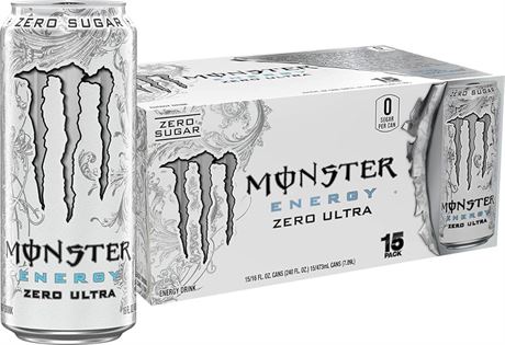 Monster Energy Zero Ultra, Sugar Free Energy Drink, 16 Fl oz (Pack of 15)