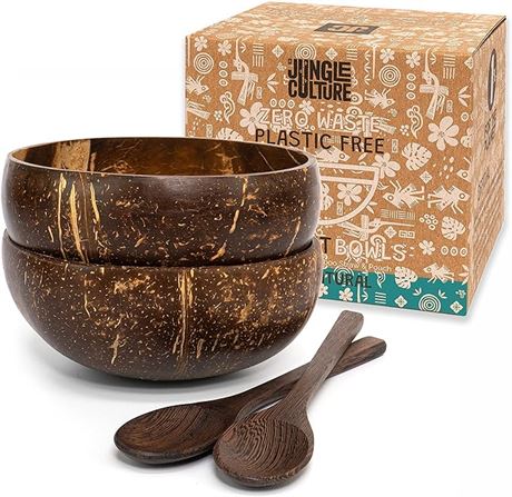 2 Bowl Set - Jungle Culture 2 Polished Coconut Bowl and Wooden Spoons Set • Natu
