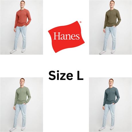 Lot of 4, Size L, Hanes Originals Men's Long Sleeve Henley T-Shirt