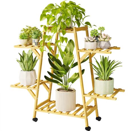 Bamboo Plant Stand with Wheel, Indoor 6 Tier Flower Po...