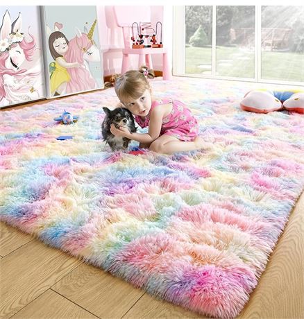Noahas Fluffy Rainbow Rug for Girls Bedroom, Shaggy Area Rugs for Kids Playroom