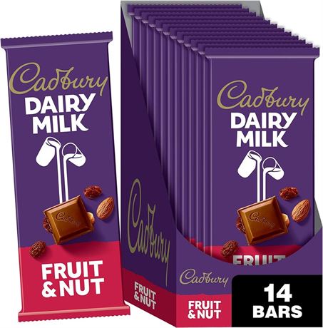 CADBURY Fruit & Nut Milk Chocolate Bar (3.5-Ounce, Pack of 14) BB 07/2024