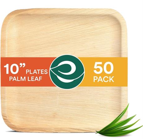 ECO SOUL 100% Compostable 10 Inch Palm Square Leaf Plates [50-Pack] I Premium Di
