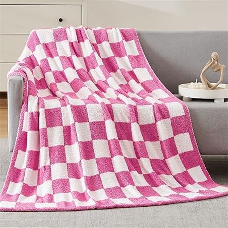 WRENSONGE Checkered Throw Blanket, Hot Pink Microfiber...