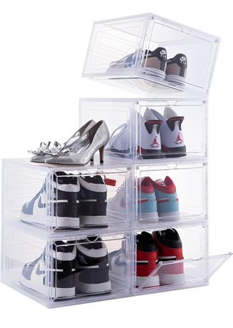 Attelite Drop Front Plastic Shoe Box with Clear Door,Set of 6,Stackable,For Disp