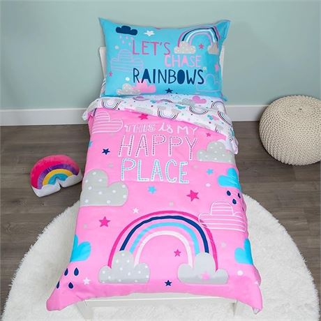 4 Piece Toddler Bedding Set – Baby Boom Funhouse Let's Chase Rainbows Includes C