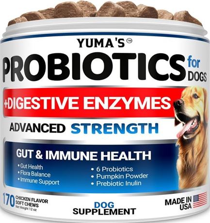 170 CHEWS (12 oz) - YUMA'S Probiotics for Dogs: All-Natural Digestive Aid Soft C