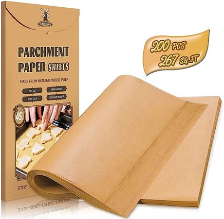 200 Pcs Unbleached Parchment Paper Baking Sheets, 12 x 16 Inch, Precut Non-Stick