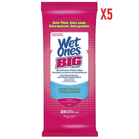 5-PACK/ 140 COUNT Wet Ones Big Ones Antibacterial Wipes, Fresh Scent