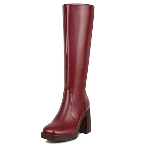 37, Red Boots Leather Red Knee High Boots For Women Platform Tall Boots Square T