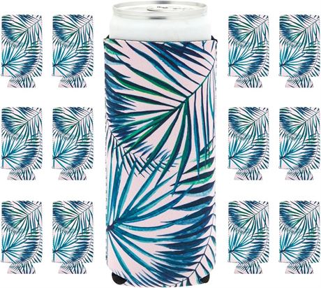 Sparkle and Bash 12 oz Slim Can Cooler Sleeves for Tropical Party Supplies (Dark Pink, Green, 12 Pack)