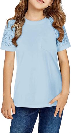 Girls Summer Short Sleeve Shirts Lace Casual Cute Crew Neck / 10-11