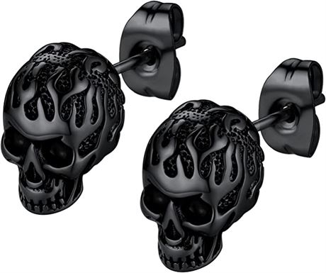 Cool Gothic Skull Earrings for Men Women, Black/Gold Plated Stainless Steel Hall