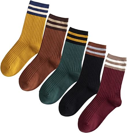 5 Pairs Fashion Striped Athletic Socks,Casual Cute Vintage Crew Socks
