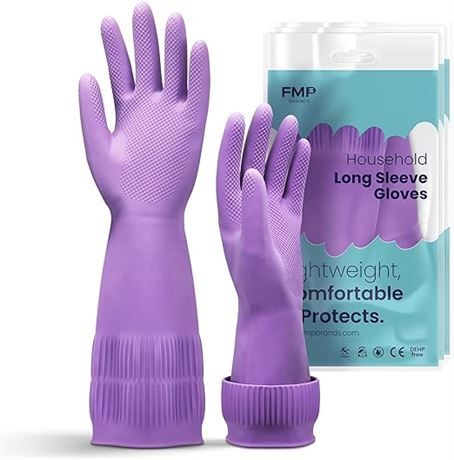 FMP Brands [3 Pairs] Dishwashing Kitchen Cleaning Long Sleeve Gloves Purple Colo