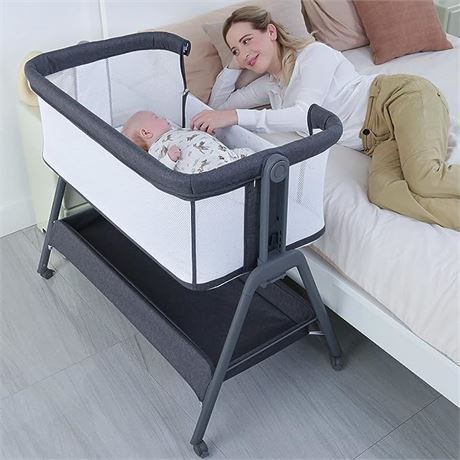 ANGELBLISS Baby Bassinet Bedside Crib with Storage Basket and Wheels, Easy Foldi