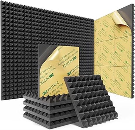 12 Pack, 12" X 12" X 1"- Sonicism Pyramid Sound Proof Foam Panels with Self-Adhe