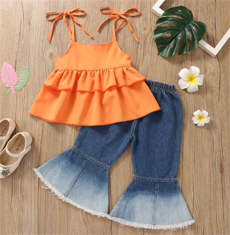 3-4T, Kids Girls Summer Clothes Sets Kids Baby Ruffle Top