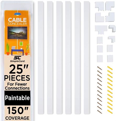150" - SimpleCord Cable Concealer On-Wall Cover Raceway Kit - Cable Management S