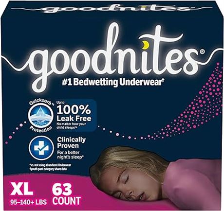 XL (95-140+ lb.), 63 Ct - GoodNites Huggies Goodnites Girls Bedwetting Night Tim