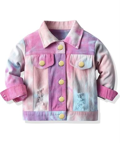 3-4T - Toddler Baby Boy Girl Denim Jacket Tie Dye Button Ripped Jean Jacket Coat