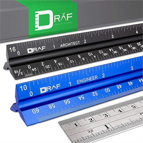 DRAF 12 Inch Architectural and Engineering Imperial Scale Ruler Set - Laser-Etch