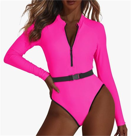 80s 90s Outfit for Women Neon High Cut One Piece Swimsuits Long Sleeve Bathing S