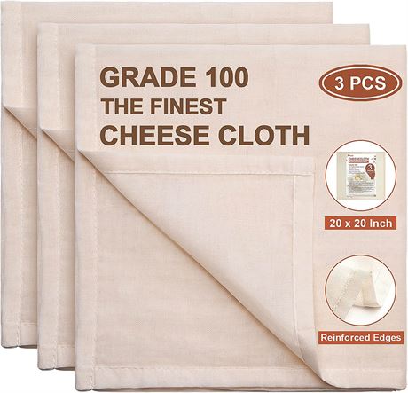 20x20"/ 3 pcs - eFond Cheesecloth, Precut Grade 100 Hemmed Cheese Cloths