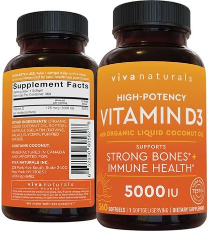 360 Softgels - Viva Naturals D3 Vitamin 5000 IU Softgels (125 mcg), High Potency