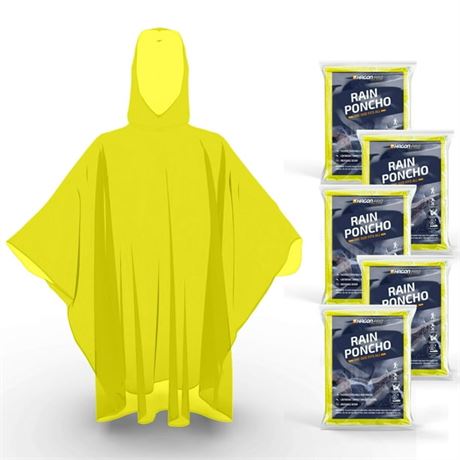 O/S (5 Pack) - Hagon PRO Disposable Rain Ponchos for Adults (Yellow 5 Pack)