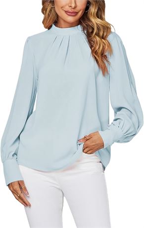 L, LYANER Women's Mock Neck Pleated Solid Long Sleeve Blouse Office Shirt Top