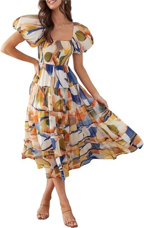 Large Sissyaki Women's Summer Boho Floral Print Midi Dress Square Neck Tiered Flowy Beach Long Dress