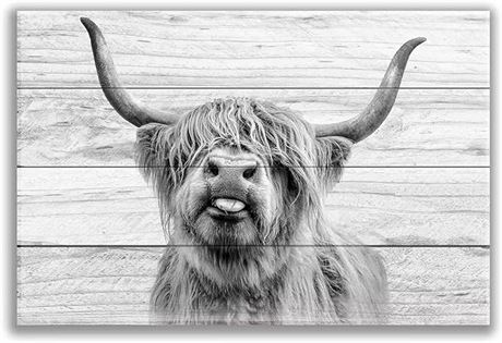 16x24 inch Highland Cow Wall Art, Rustic Black and White