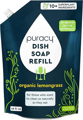 Puracy Natural Dish Soap Refill, Skin-Softening Plant-Based Liquid 48 Oz