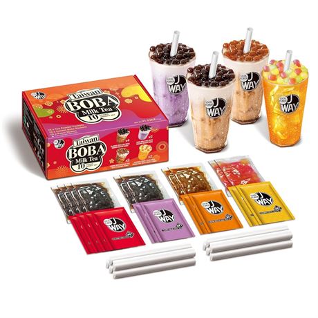 J WAY Instant Boba Bubble Pearl Variety Milk Fruity Tea Kit with Authentic Brown