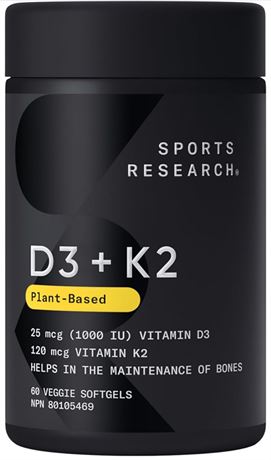 Sports Research Vitamin D3 + K2 with Organic Virgin Coconut Oil | Plant-Based Ve