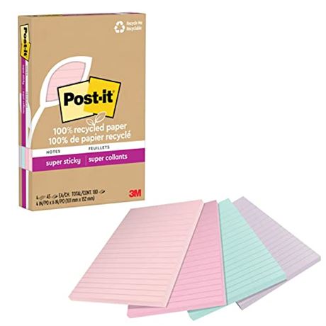 2 PACK Post-it Recycled Super Sticky Notes 4"x6" Pastels