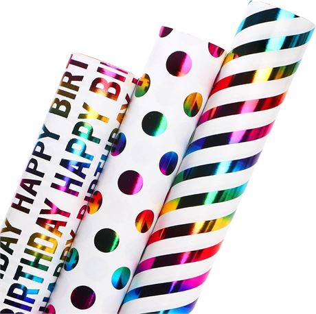 Ribbli Birthday Wrapping Paper Iridescent Gift Wrapping Paper Mini Roll, 3 Rolls Happy Birthday Polka Dots Stripes Printed Assortment - 17 inch(43cm) x 120 inch(304cm) Per Roll