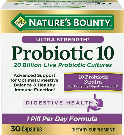 Nature’s Bounty Probiotic 10, Ultra Strength Daily Probiotic Supplement, 30 Caps