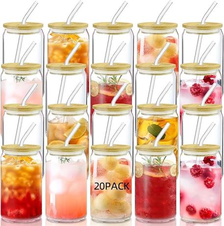 20Pcs Glass Cups With Lids and Straws,16oz Beer Can Shaped Drinking Glasses,Iced
