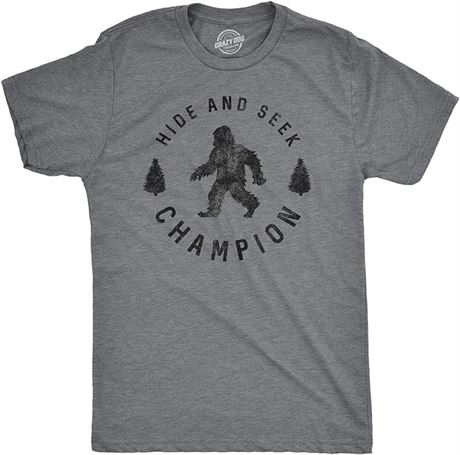L, Mens Hide and Seek Champion T shirt Funny Bigfoot Tee Humor Cool Graphic Prin