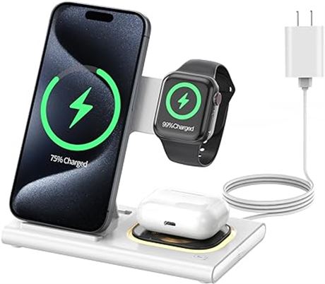 Wireless Charger, 3 in 1 Folding Fast Wireless Charging Station for iPhone 15 14