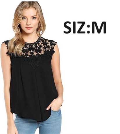 SIZ:M Floerns Women's Lace Neckline Sleeveless Chiffon Blouse Top