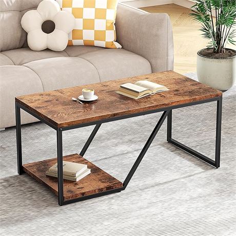2-Tier Industrial Rectangle Rustic Coffee Table for Living Room Small Spaces, Li