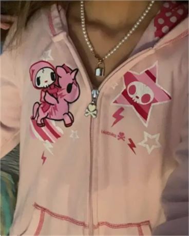 SIZE: M Y2K Pink Zip Up Hoodie Oversized Coat Women Cutecore Print Sweatshirt