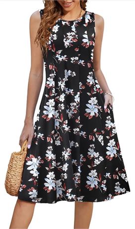 Size-L, HOTOUCH Summer Casual Dresses for Women Sleeveless Midi Dress Swing Tank