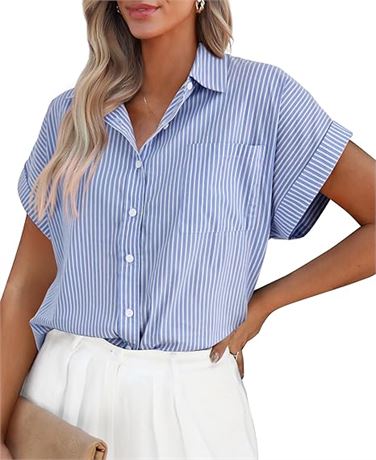 XL, PRETTYGARDEN Striped Shirts Button Up Tops for Women 2024 Summer Short