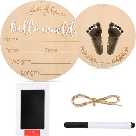 Wooden Baby Announcement Sign, 5.9 inch Hello World Newborn Sign with Ink Pad &