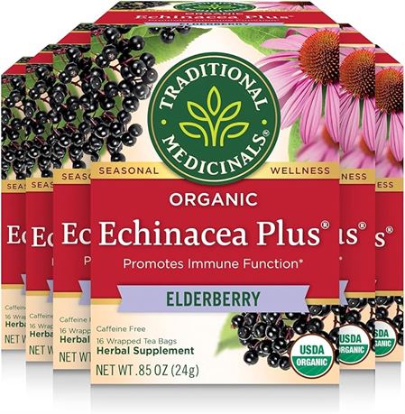 Pack of 6 - Traditional Medicinals Organic Echinacea Plus Elderberry Tea, 16 Tea